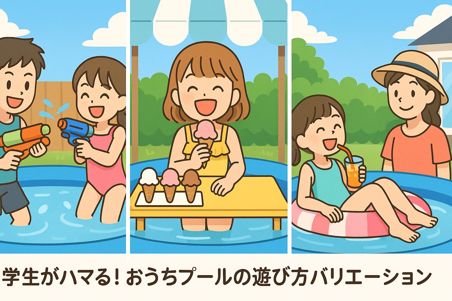 水鉄砲・ごっこ遊び・浮き輪など、おうちプールを満喫する小学生の兄妹の遊び風景。