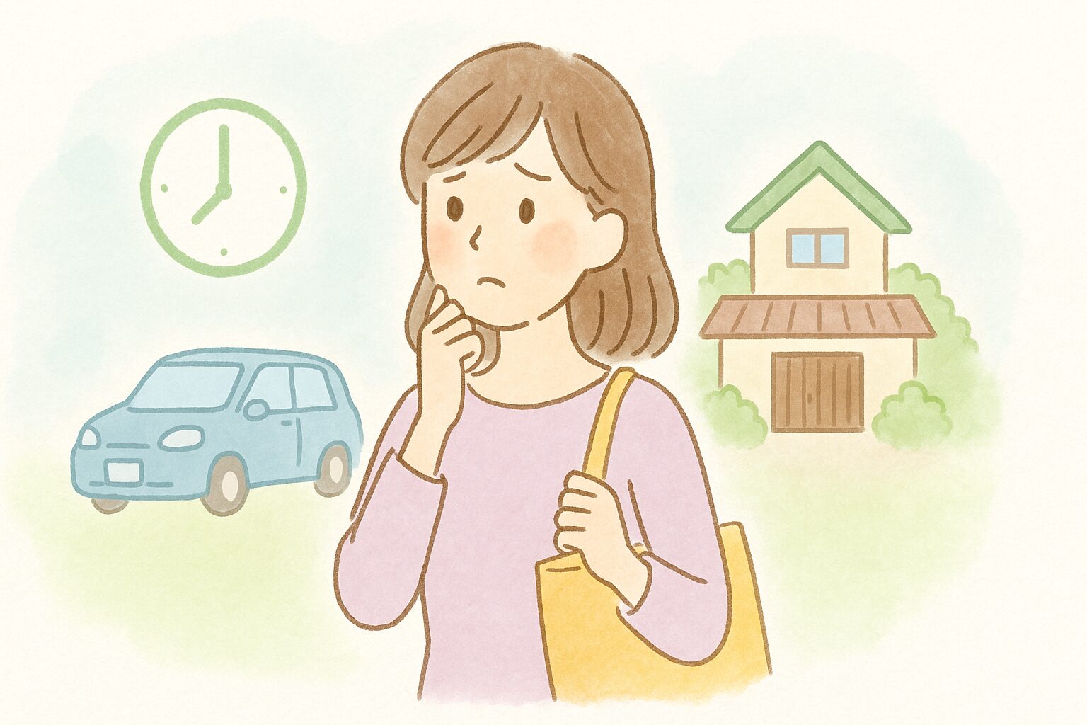 義実家の前で泊まるか日帰りにするかを悩む女性のイラスト。日帰りを連想させる車や時計の要素入り。