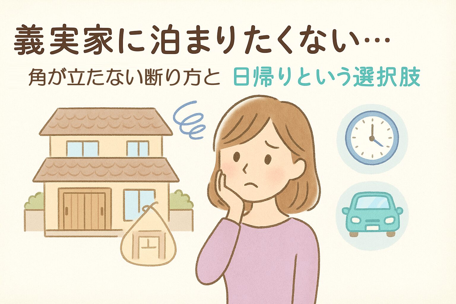 義実家に泊まりたくないと悩む女性と、日帰りという選択肢を考える様子のイラスト