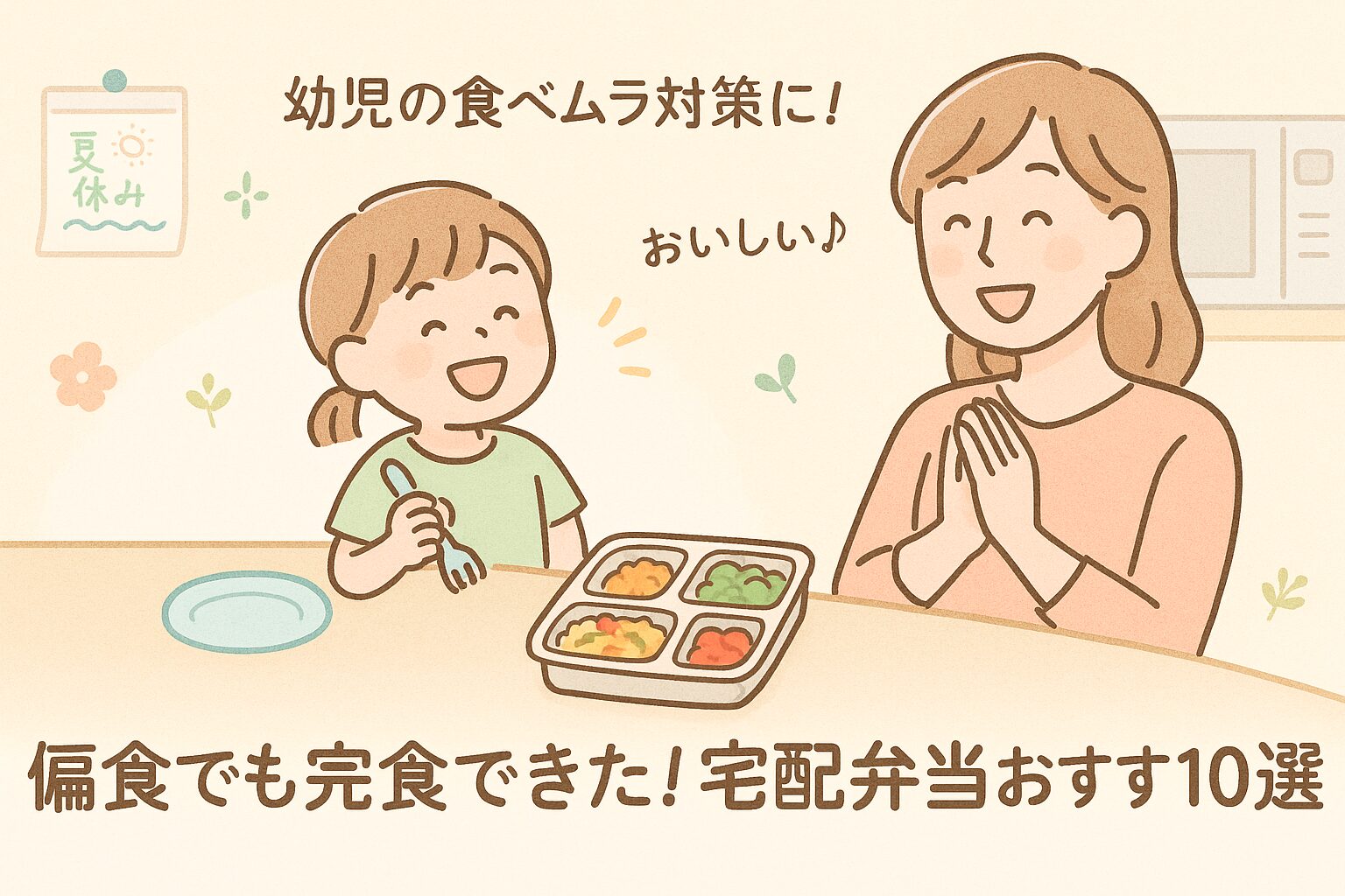 宅配弁当を食べる子どもと喜ぶママのイラスト｜幼児の食べムラ対策アイキャッチ