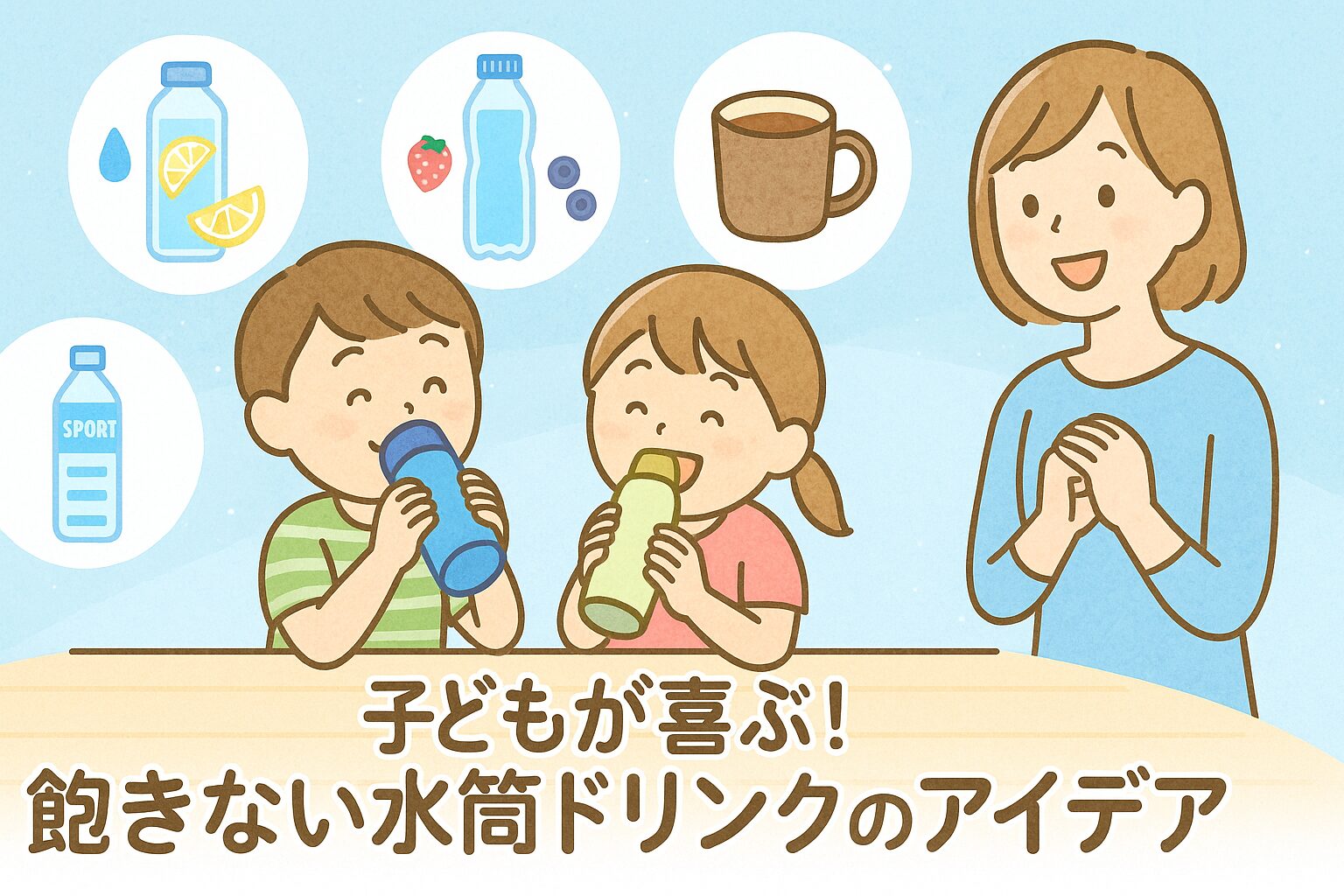 飽きずに飲める水筒の中身アイデアを図解風にまとめたイラスト。子どもが楽しそうに飲んでいる様子