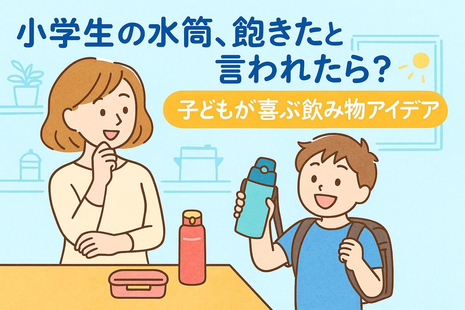 小学生の水筒に悩むママと笑顔の子ども。明るくかわいいイメージのアイキャッチ画像