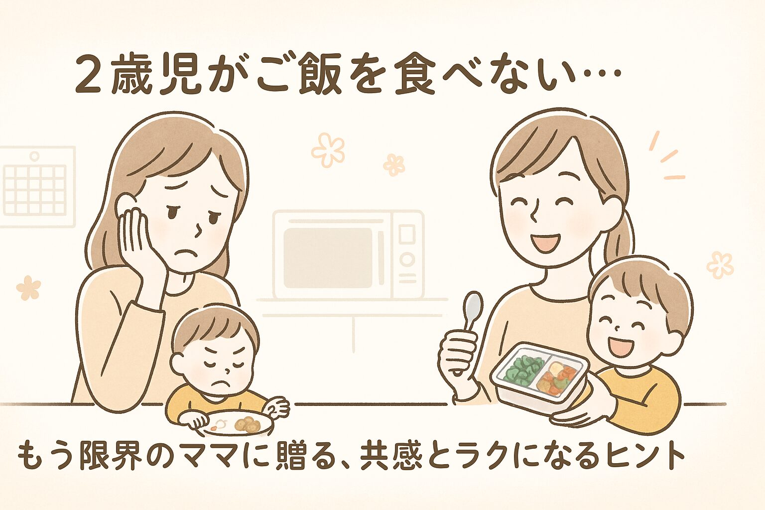 2歳児がご飯を食べない悩みに疲れたママと、少し食べてくれた子どもの笑顔のイメージイラスト