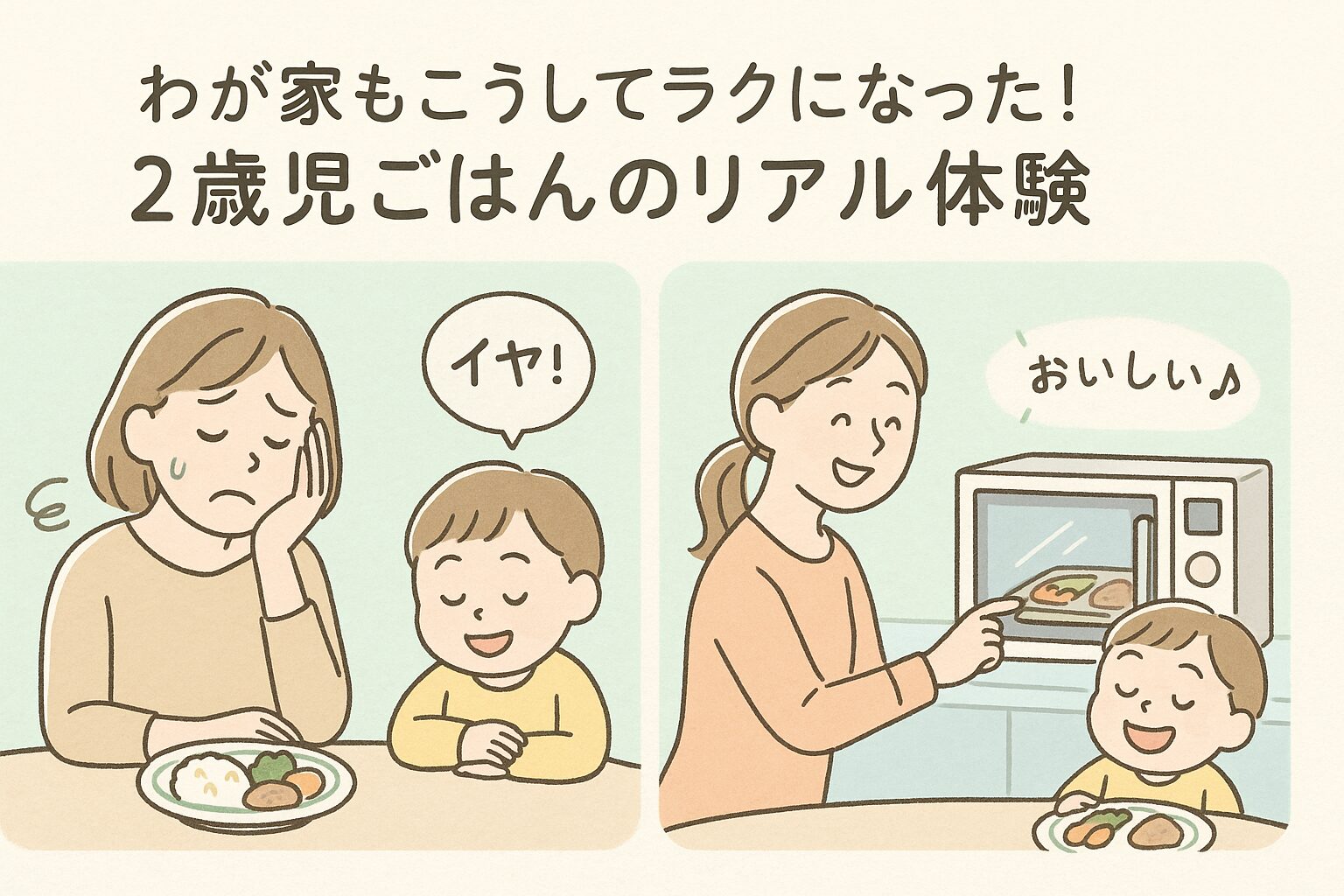 2歳児がご飯を食べてくれず悩んでいたママが、宅食を使って笑顔になったビフォーアフターのイラスト
