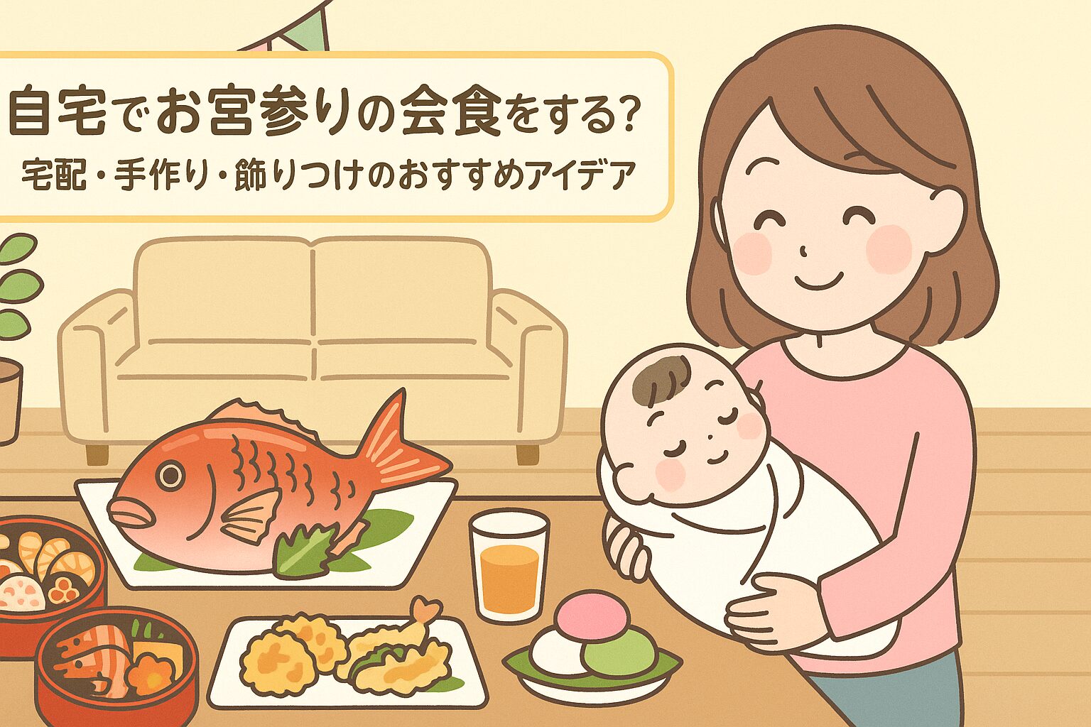 宅配祝い膳を使って会食をする家族のイラスト。手軽に華やかな食卓を囲む様子。