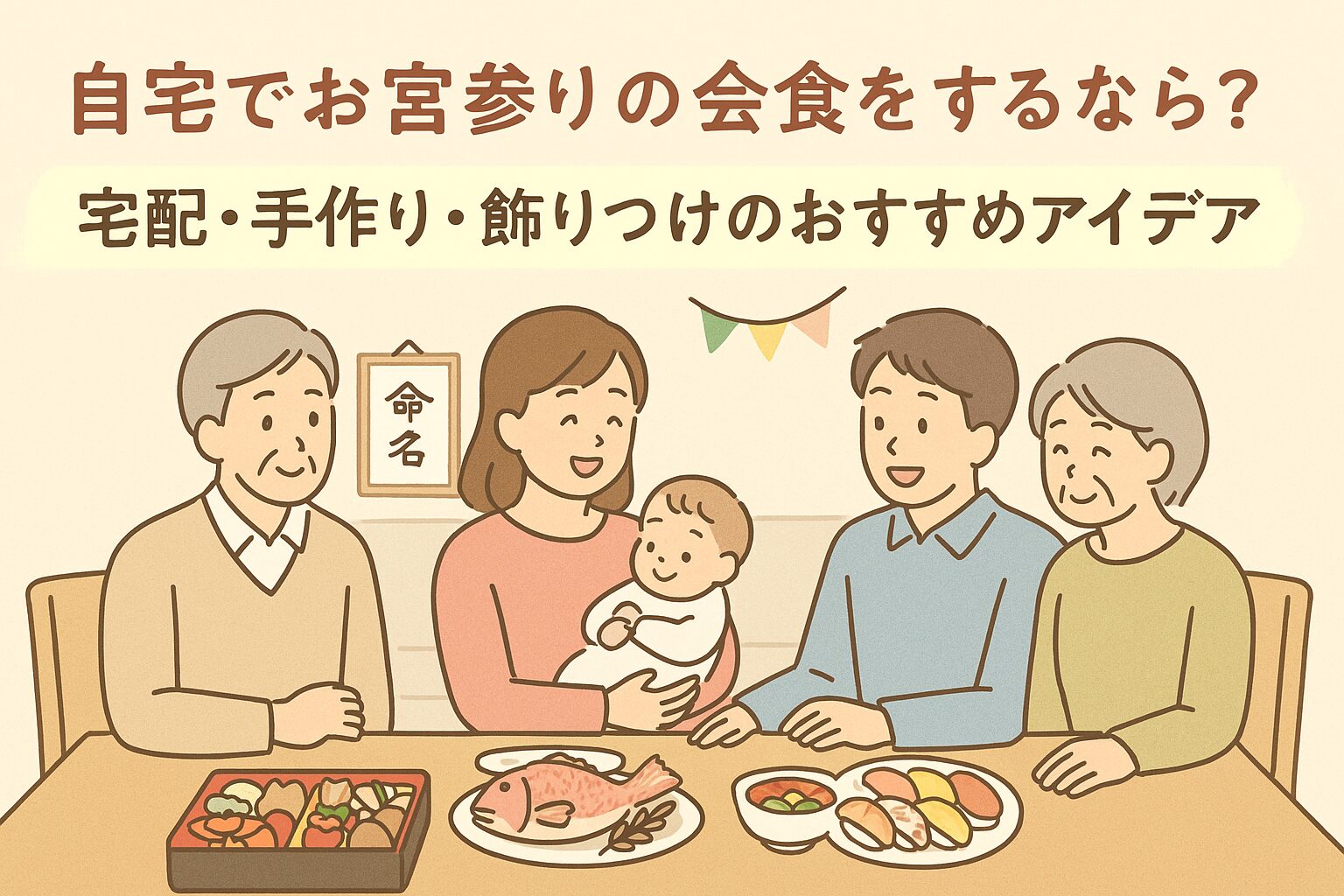 お宮参りの会食を自宅で楽しむ家族のイラスト。宅配や手作り料理を囲んで笑顔の様子。