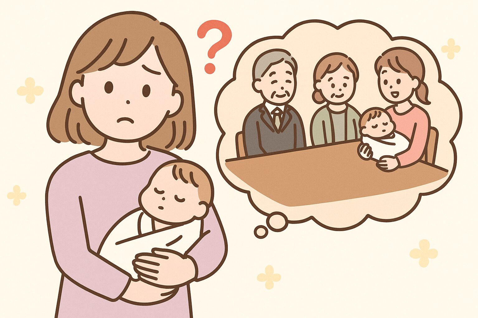 お宮参りで会食をしなかった家族が、代わりに気持ちを伝える方法を実践しているイラスト