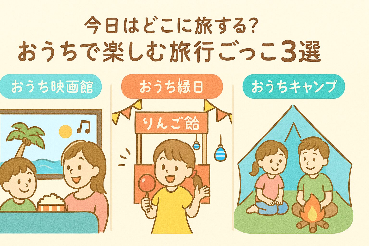 夏休みにおうちでできる旅行ごっこアイデア（映画・縁日・キャンプ）を紹介した図解風イラスト