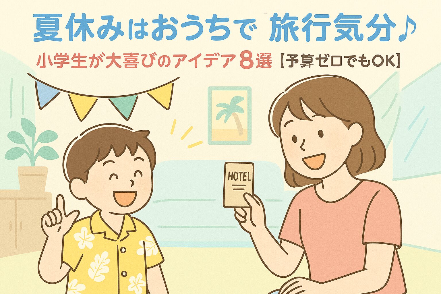 夏休みの旅行ごっこを楽しむ小学生とママのイラスト(おうち時間・笑顔・非日常)