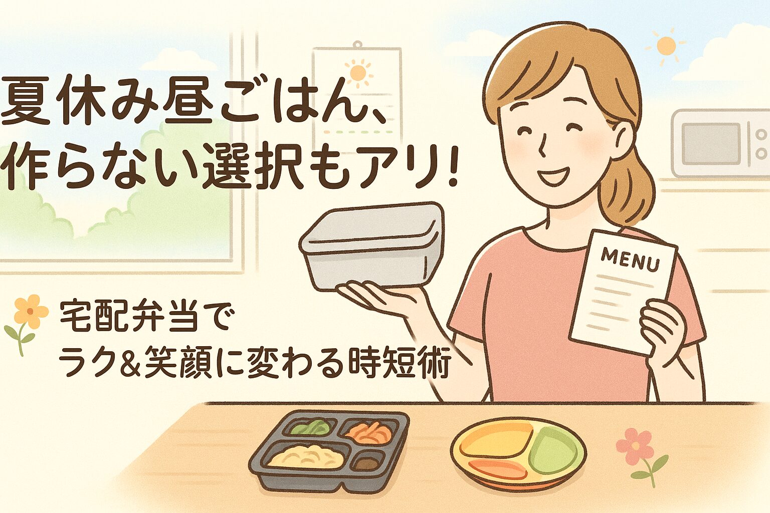 夏休みの子ども昼ごはんに悩むママが、宅配弁当でラクに乗り切れる様子のイラスト