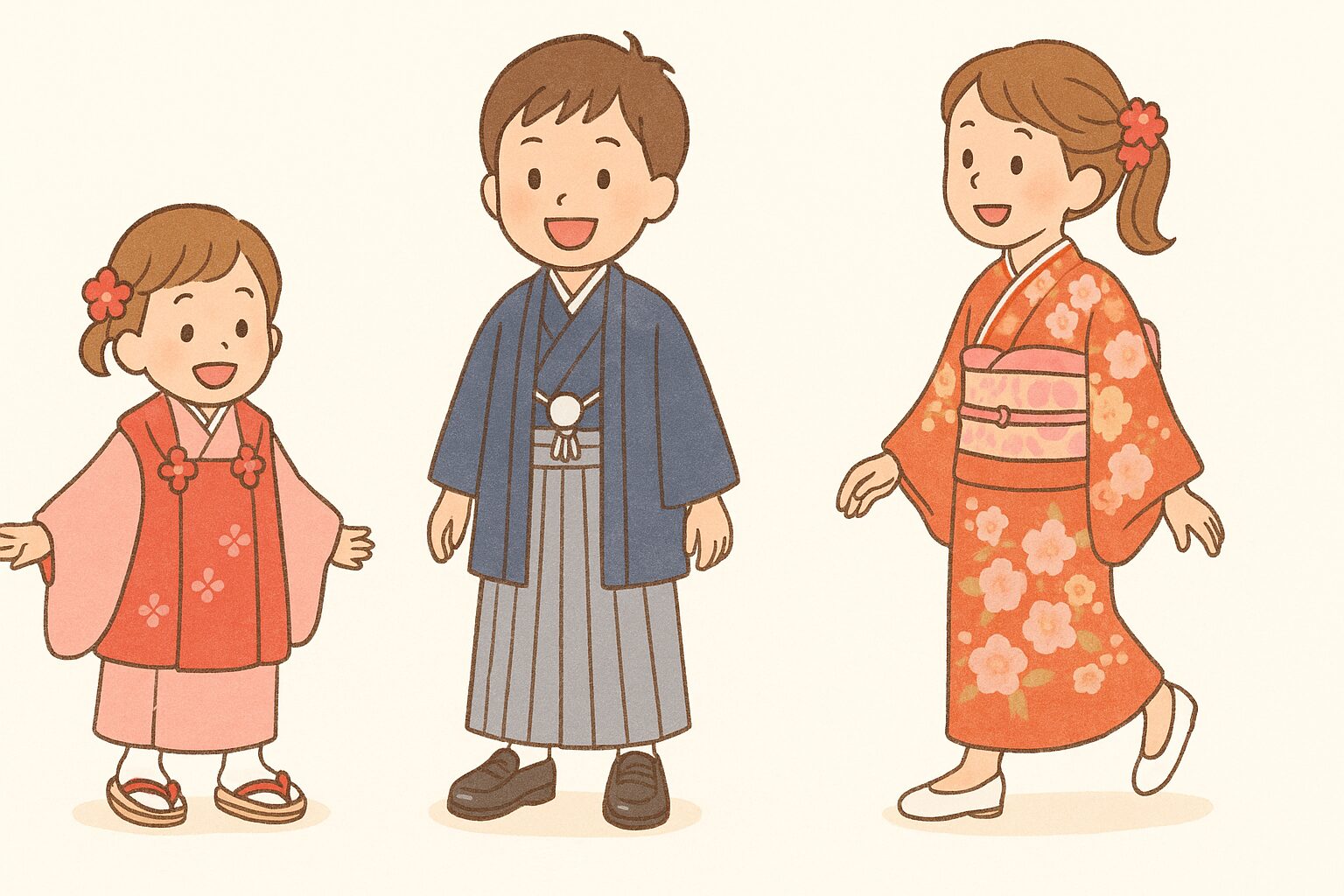 年齢別・性別別に違う七五三の装いと靴を履いた子どもたちのイラスト