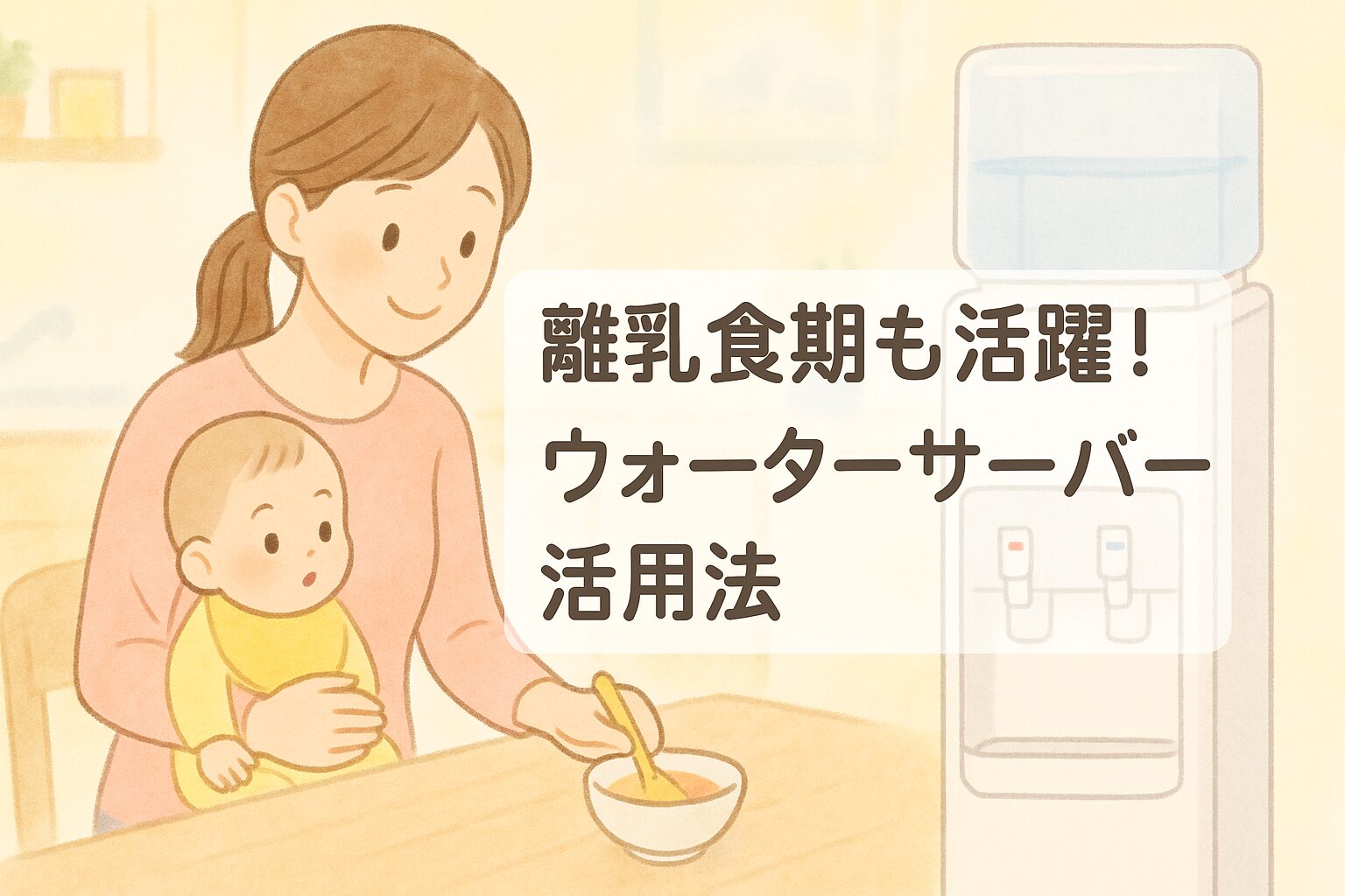 離乳食期も便利なウォーターサーバー活用法を描いた、ママと赤ちゃんのやさしいイラスト