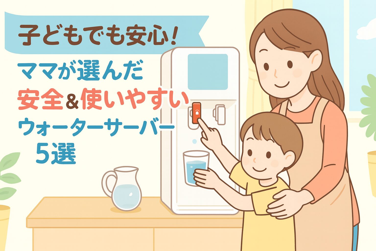 子どもが安全に使えるチャイルドロック付きウォーターサーバーで、ママと一緒にコップへお水を注いでいる明るいキッチンのイラスト