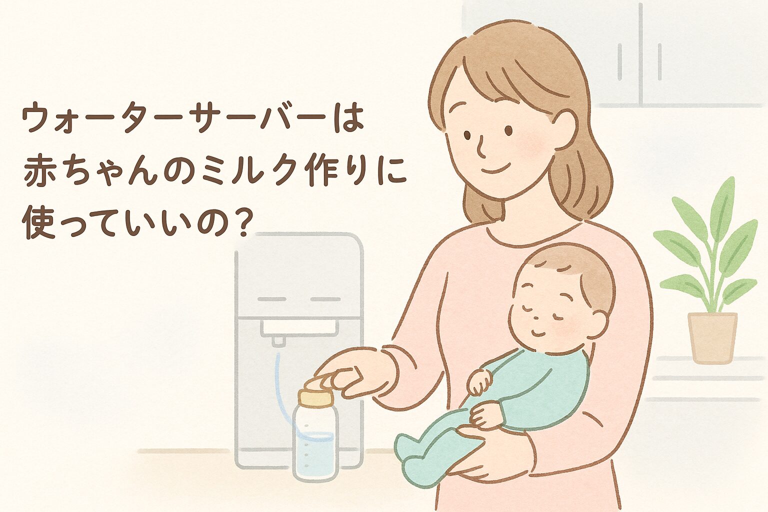 赤ちゃんを抱っこしたママが、ウォーターサーバーで哺乳瓶にお湯を注いでいるイラスト