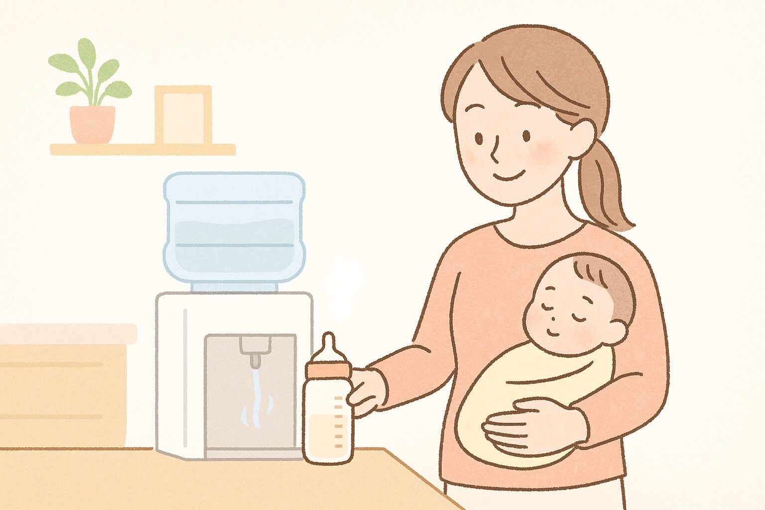 赤ちゃんのミルク作りにウォーターサーバーを使うママのイラスト