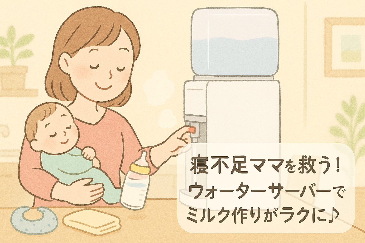 寝不足のママがウォーターサーバーで赤ちゃんのミルクを作る様子と、タイトル入りのアイキャッチイラスト