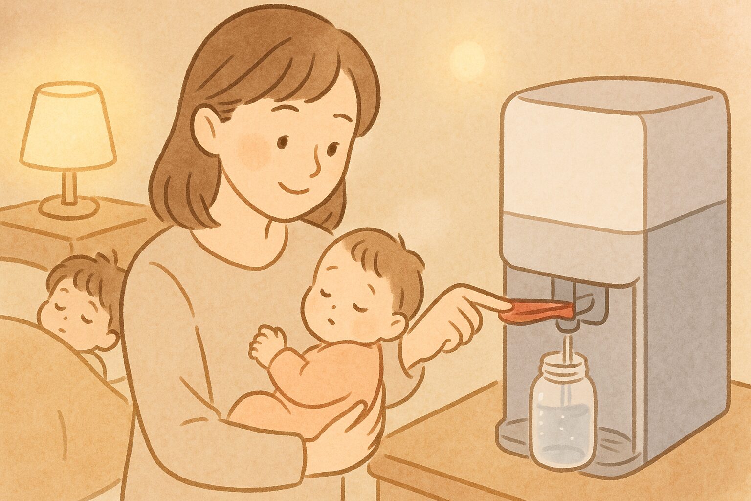 夜間に赤ちゃんのミルクを作るママとウォーターサーバーのイラスト。後ろに眠る兄弟の姿も。