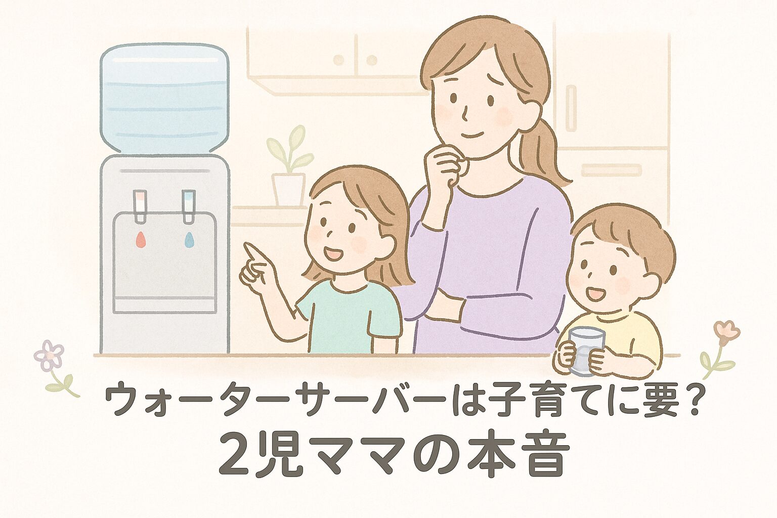 ウォーターサーバーを前に悩む子育て中のママと2人の子ども