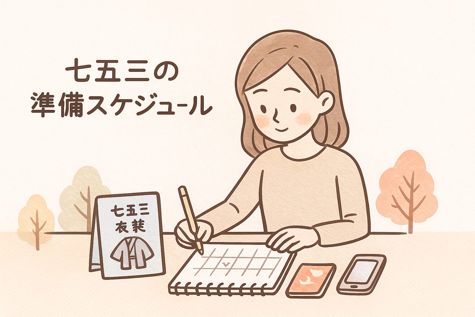 七五三の準備スケジュールを確認するママ。カレンダーや衣装カタログを見ながら計画を立てているイラスト。