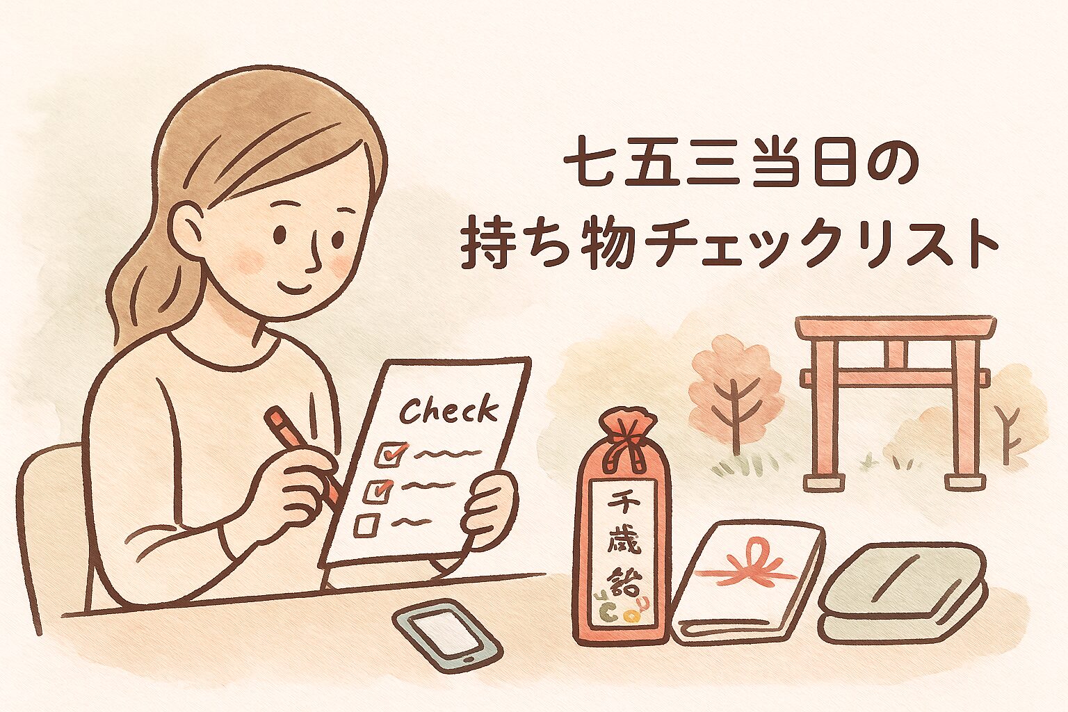 七五三の持ち物チェックリストを確認するママ。千歳飴やのし袋など当日の必需品を準備しているイラスト。