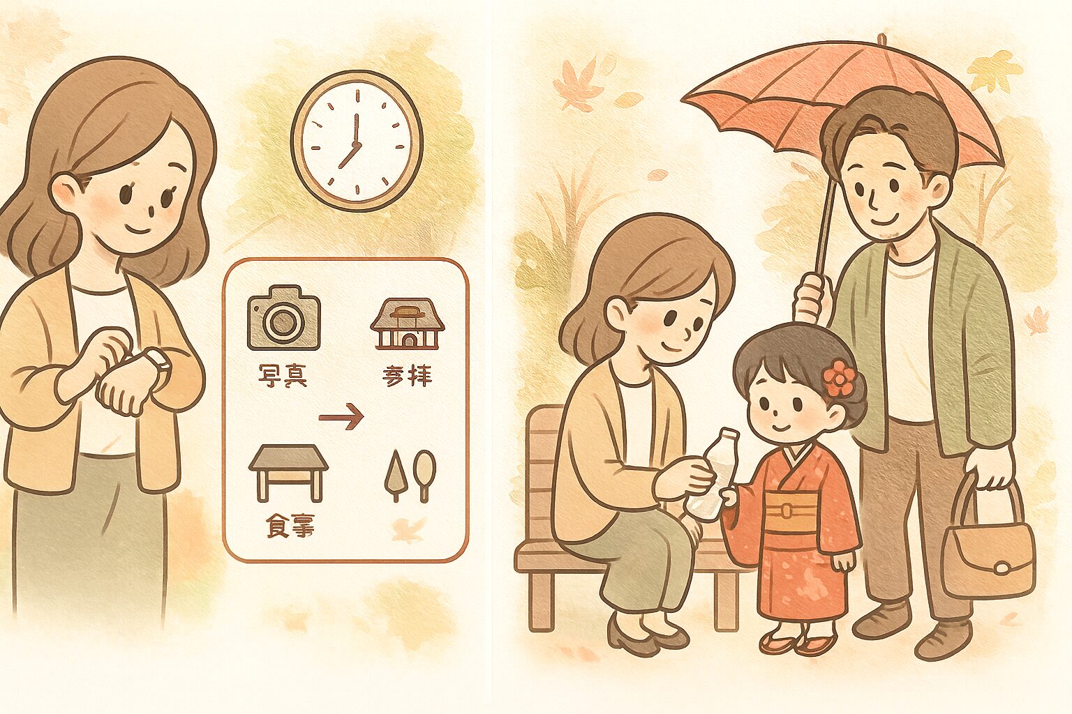 七五三当日の流れを確認するママと子ども。時計と「写真→参拝→食事」のフローチャートが描かれたイラスト。