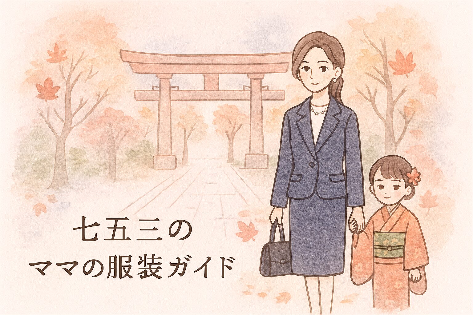 七五三のママが上品なスーツ姿で、着物の子どもと神社に立つイラスト。家族行事にふさわしい服装イメージ。