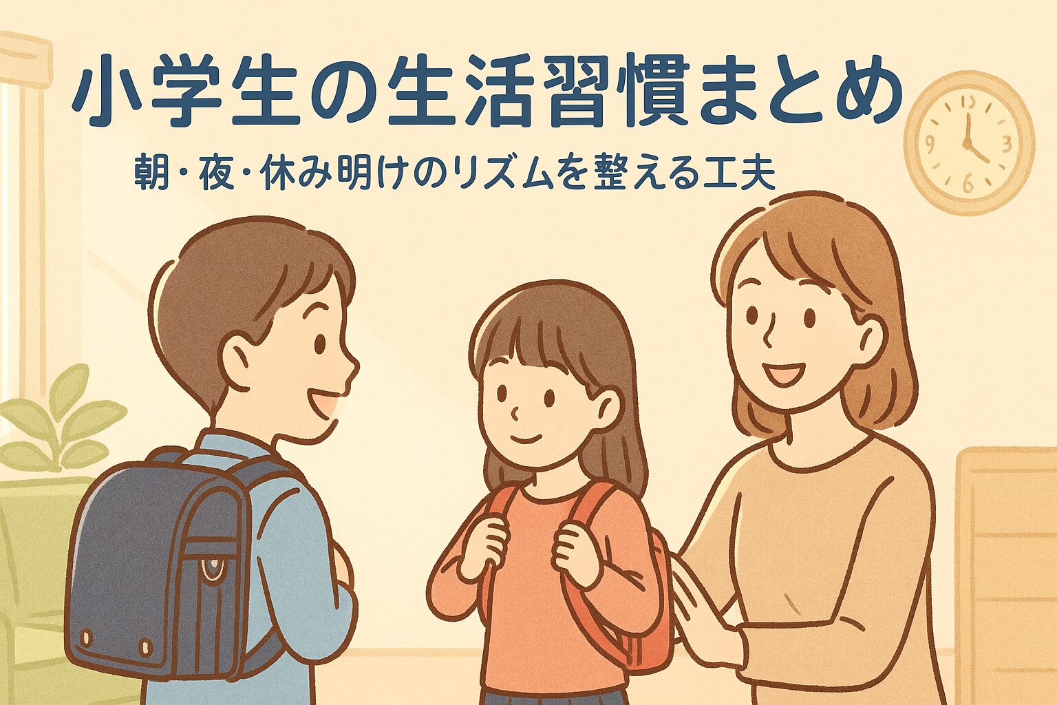 小学生の子どもと母親が朝の支度をしている。生活習慣を整える特集ページ用のアイキャッチ。
