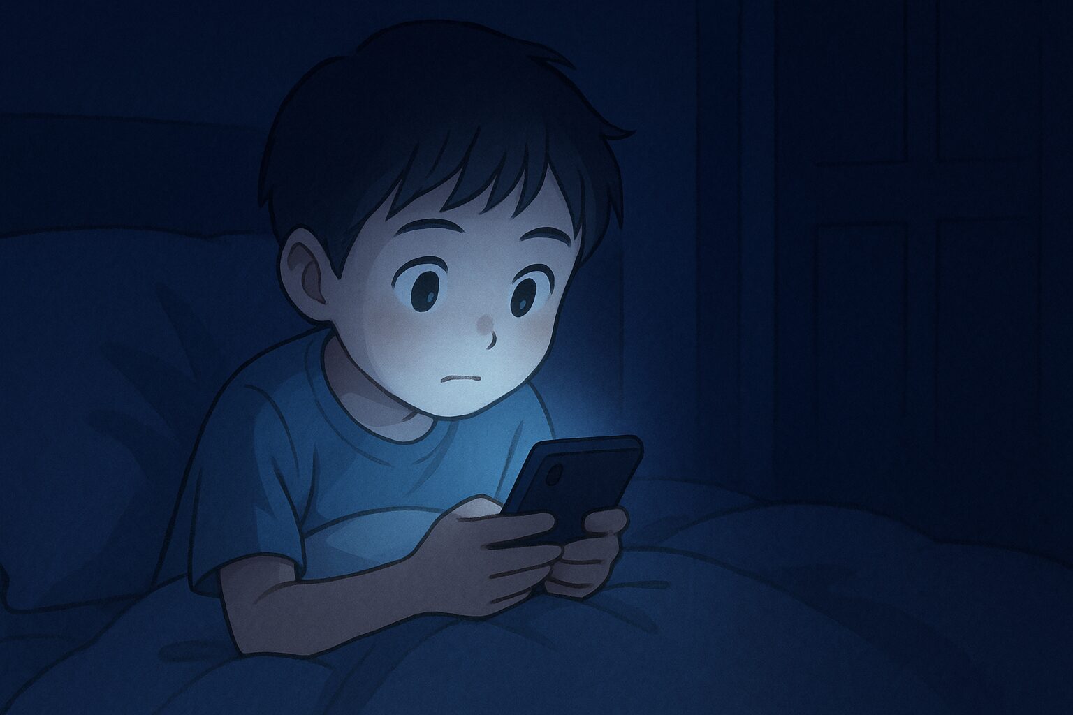 夜遅くまでスマホを見て夜更かししている小学生。