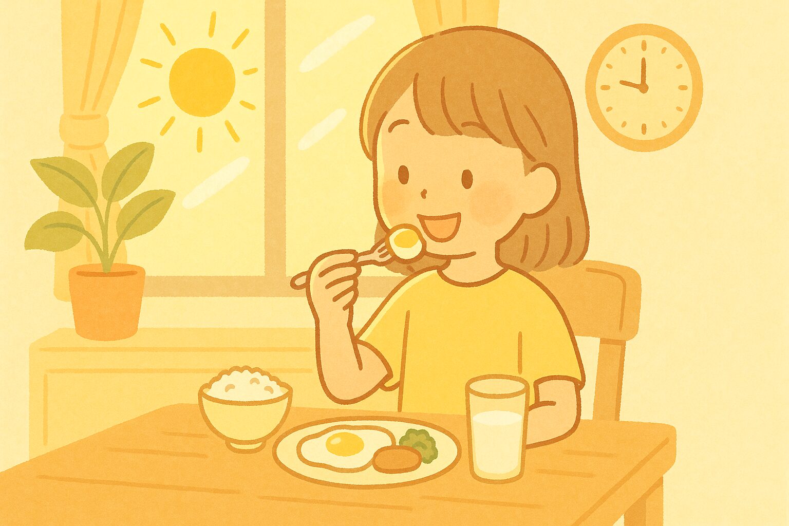朝日を浴びながら朝ごはんを食べる小学生。生活リズムを整えるイメージ。