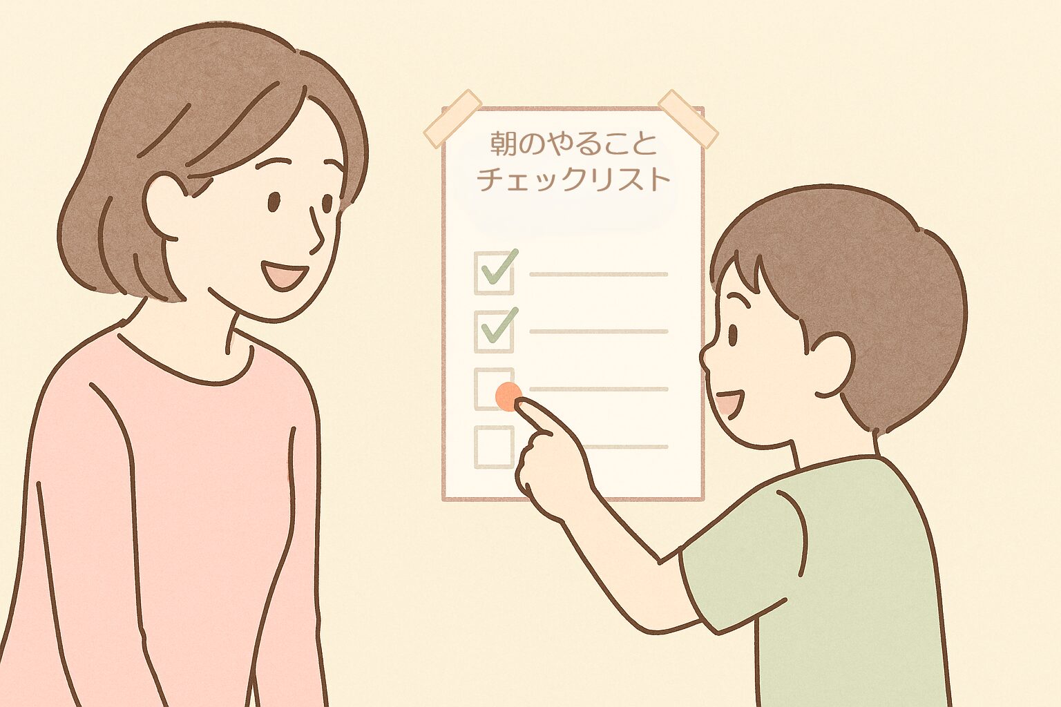 チェックリストを使って朝の支度を進める小学生と見守る母親。
