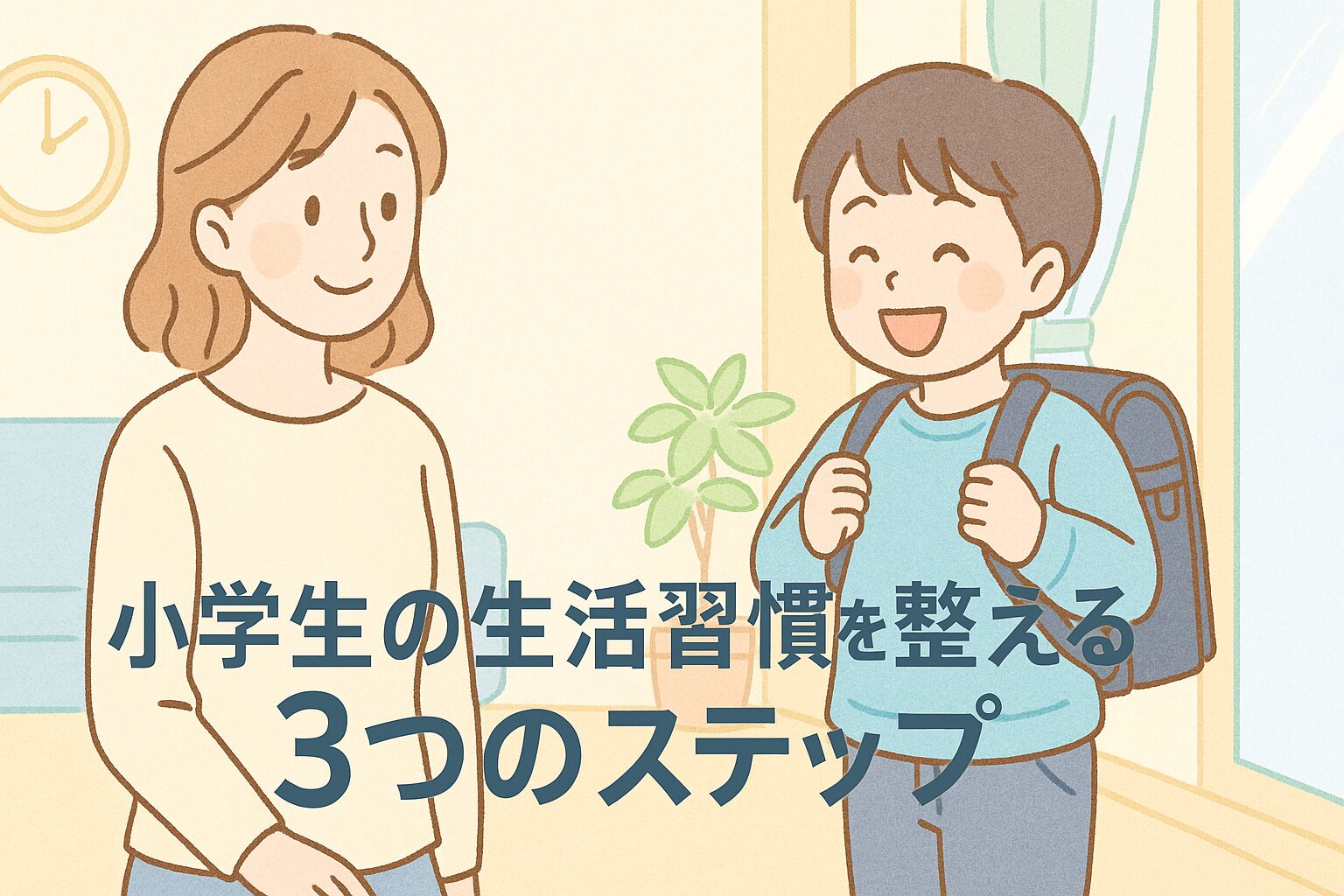 小学生の子どもと母親が朝の支度をしている。生活習慣を整えるイメージのアイキャッチ。