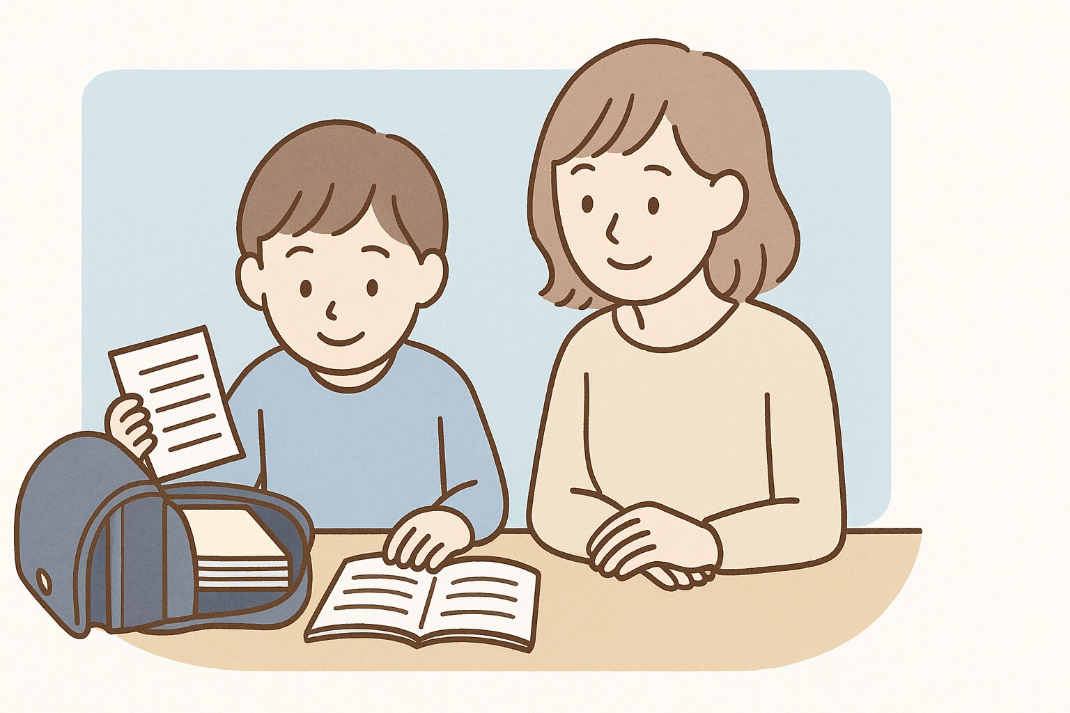 小学生が寝る前にランドセルの中身をチェックしている。母親がそばで見守る様子。