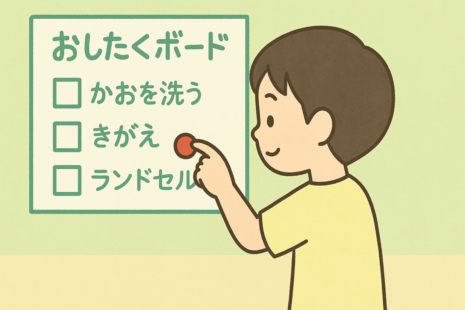 小学生がチェックリスト形式のお支度ボードにシールを貼っている様子。