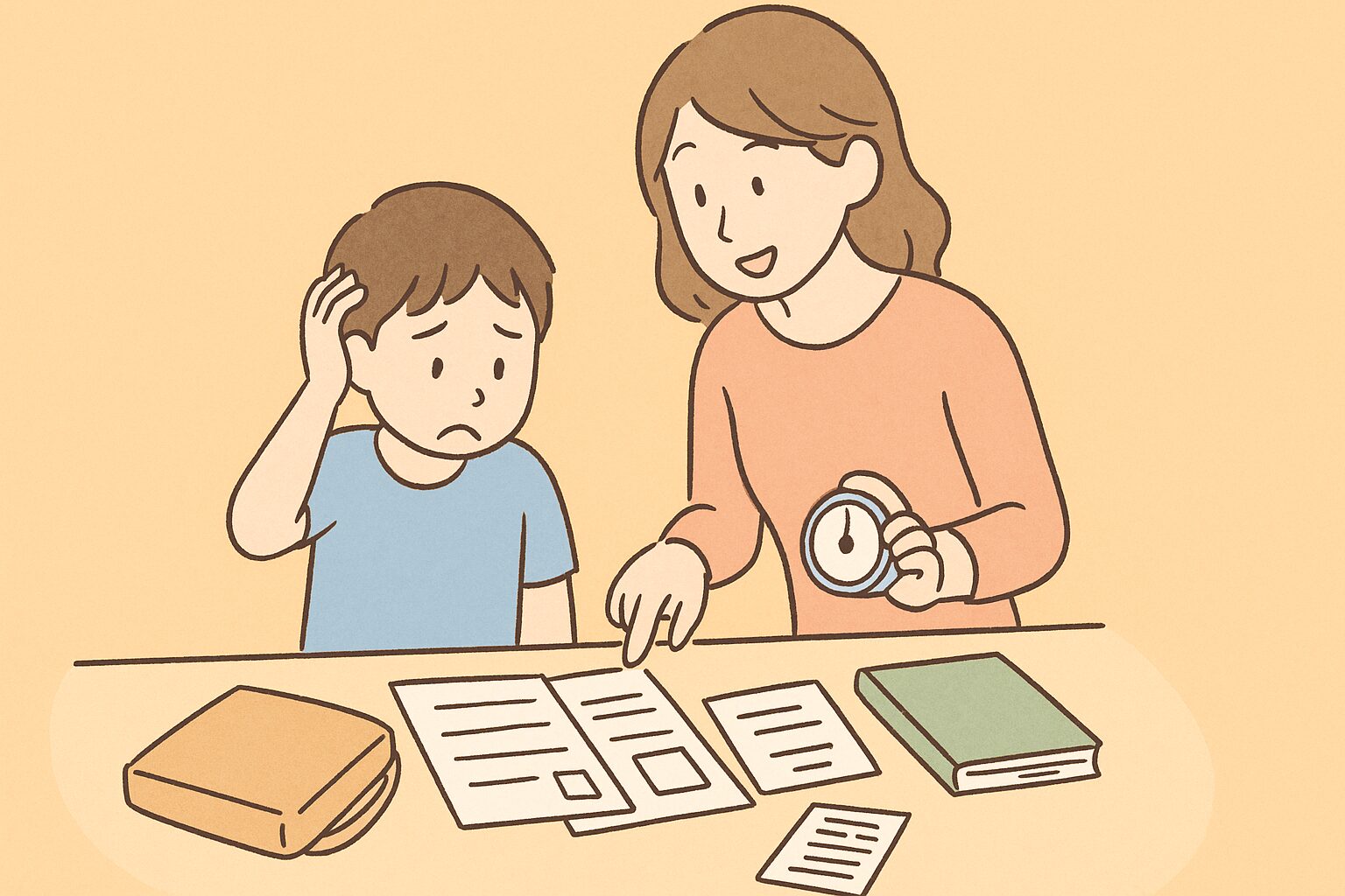 小学生がやることの多さに戸惑い、母親がタイマーを使って優しく声をかけているイラスト。
