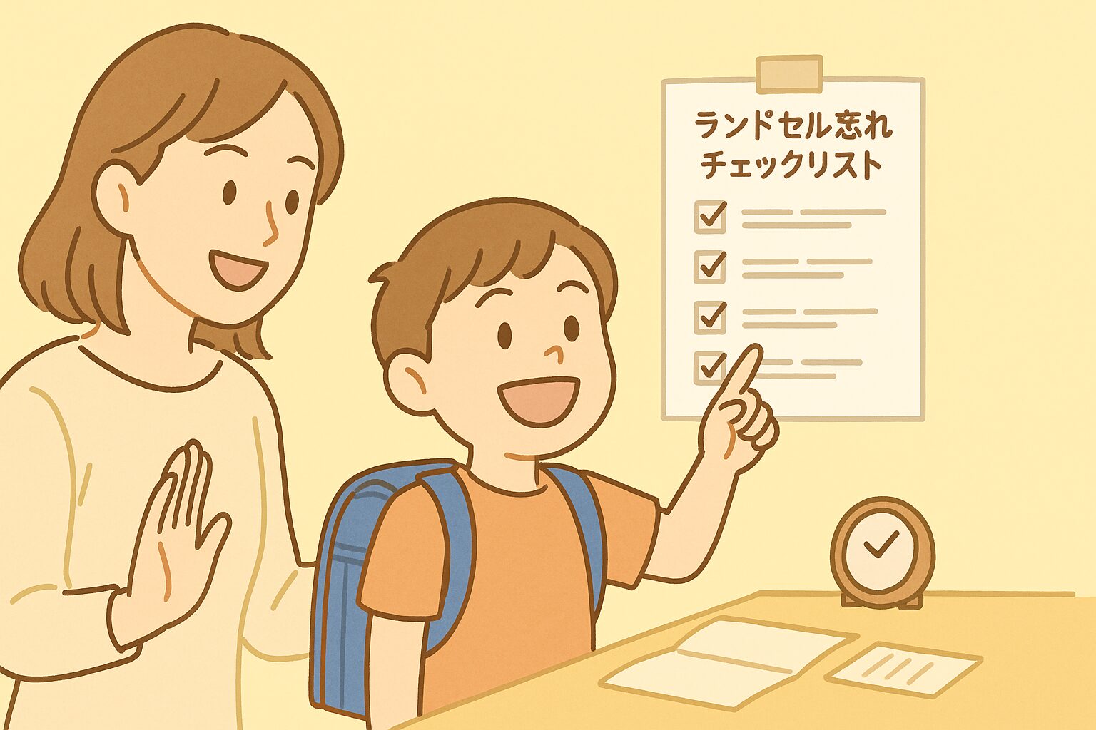 小学生がチェックリストを見ながら準備を終え、母親が笑顔で褒めているイラスト。