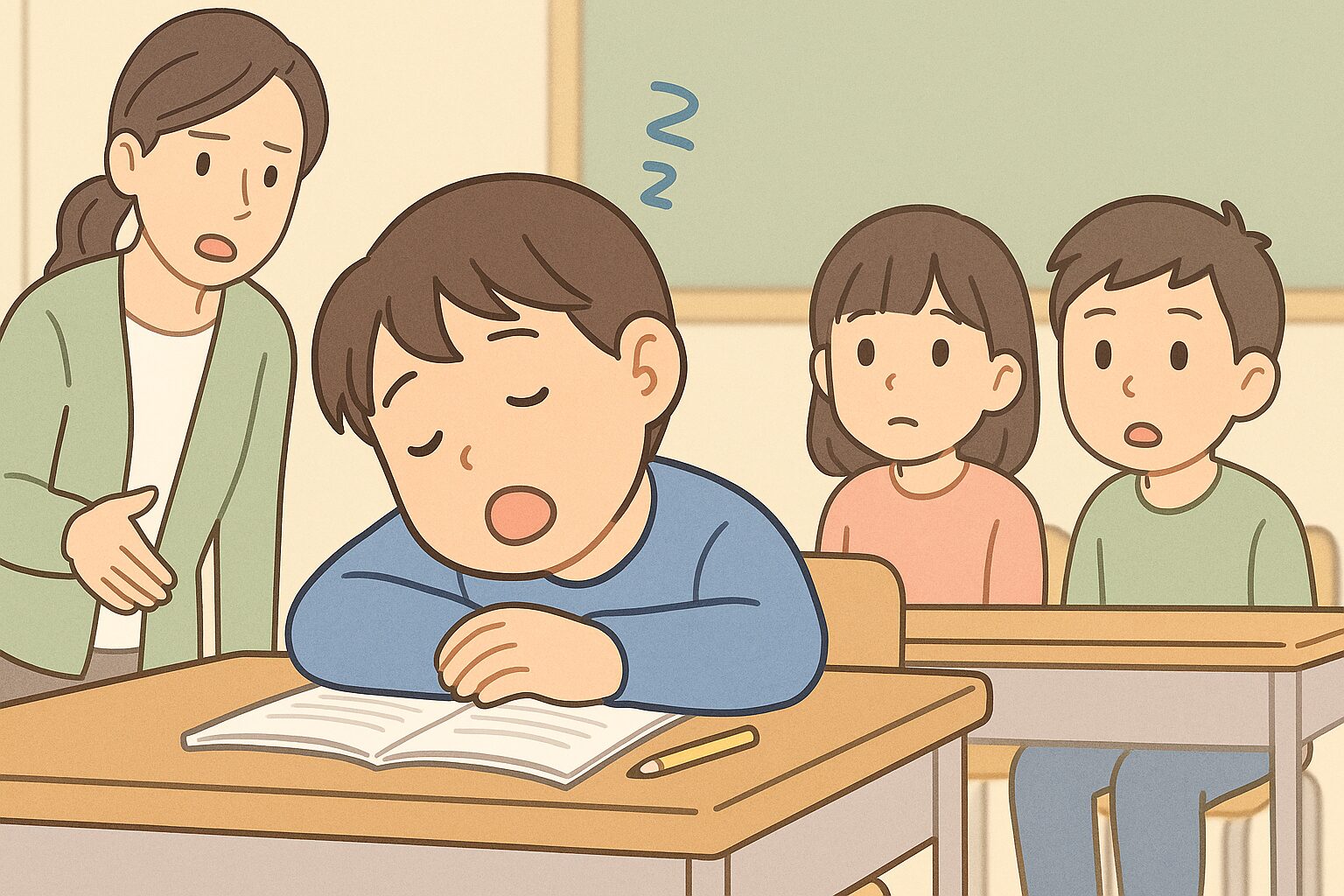授業中に眠そうにする小学生。睡眠不足をチェックするイメージ。
