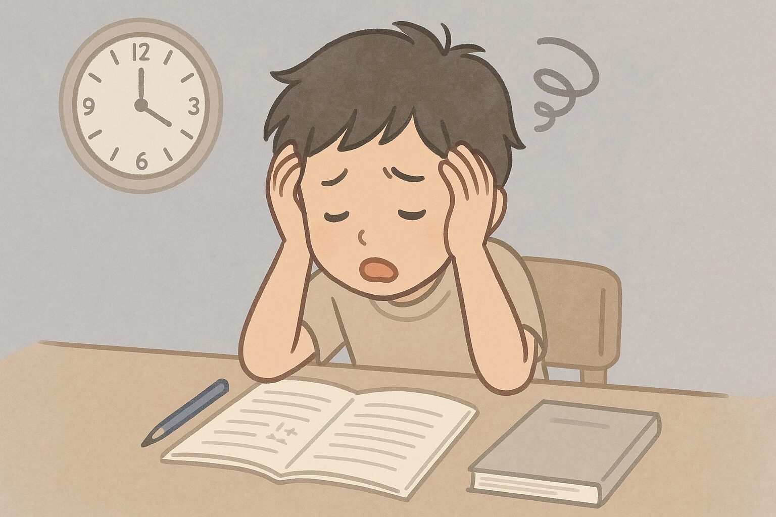 睡眠不足で集中できず、宿題に取り組むのがつらそうな小学生。