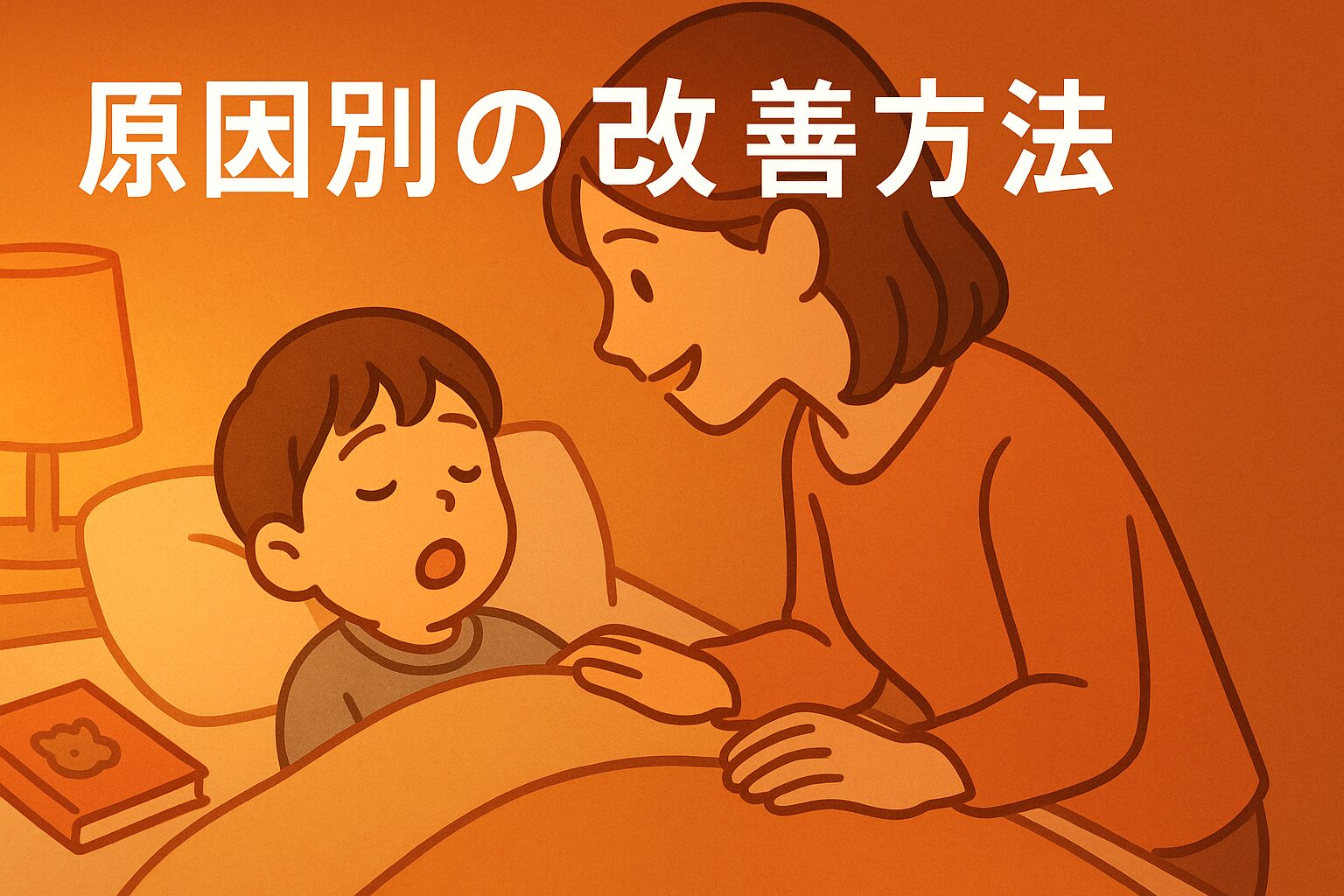 母親が「おやすみ」と声をかけ、布団に入った小学生が安心して眠る前のイラスト。