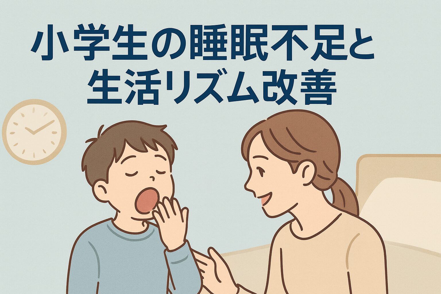 睡眠不足であくびをする小学生に、母親が優しく声をかけるイラスト。