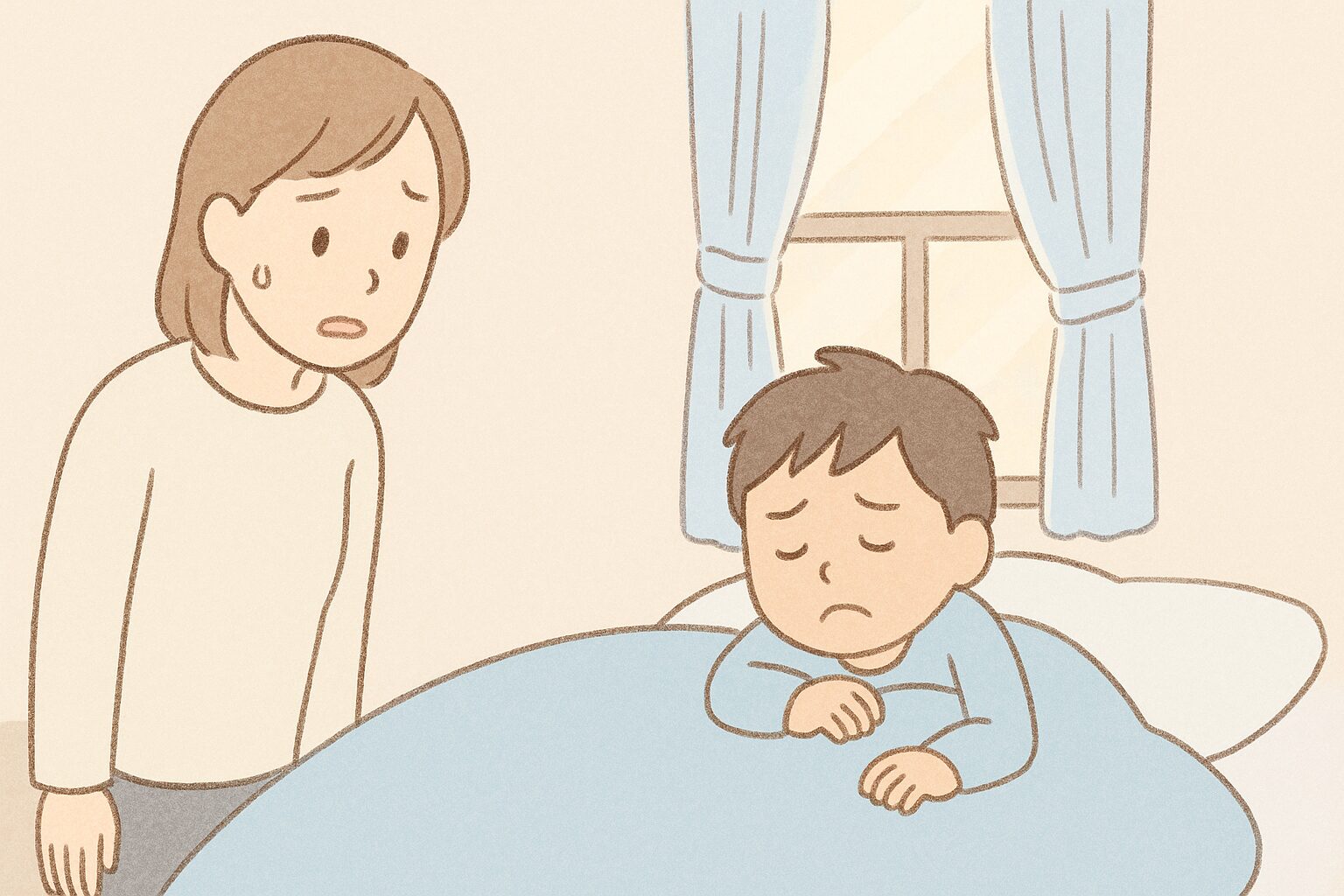 朝、布団から出られず登校を渋る小学生と、困った様子の母親のイラスト