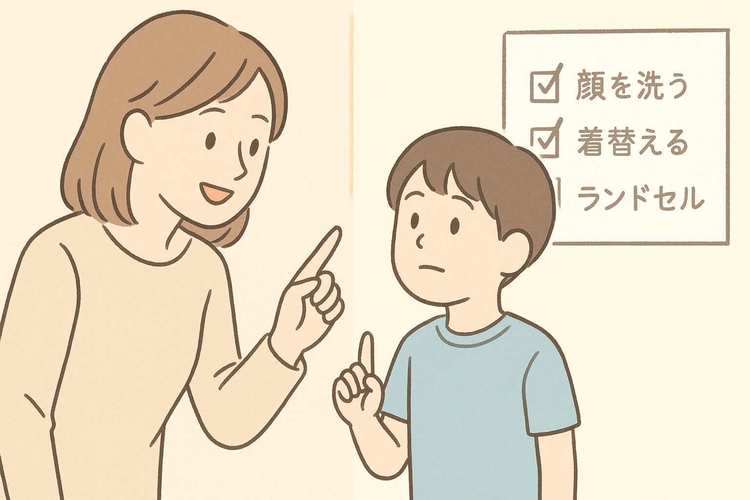 母親と小学生がチェックリストを見ながら登校準備をしているイラスト。