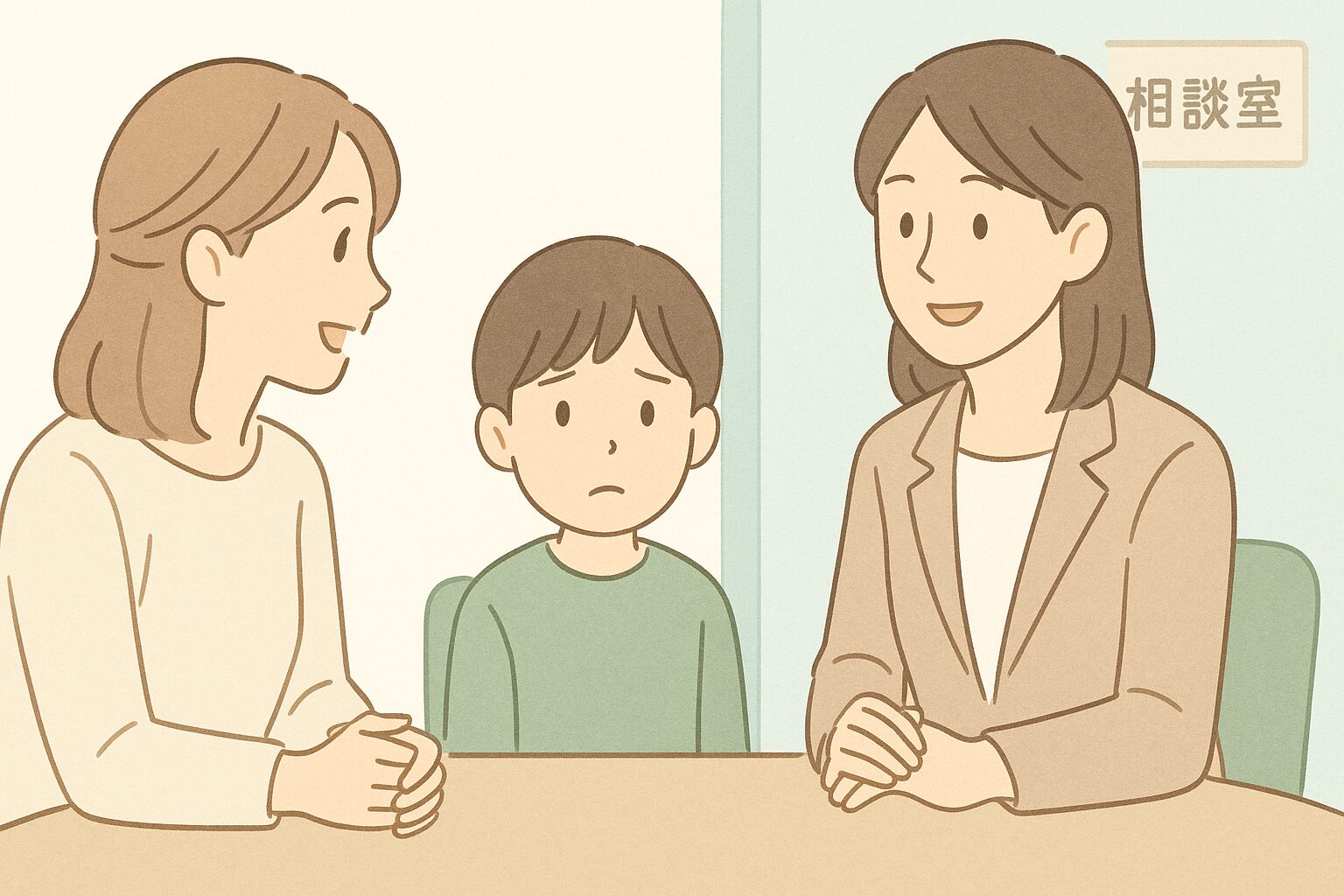 母親が学校の先生に登校しぶりについて相談している様子のイラスト。子どもが隣に座っている。