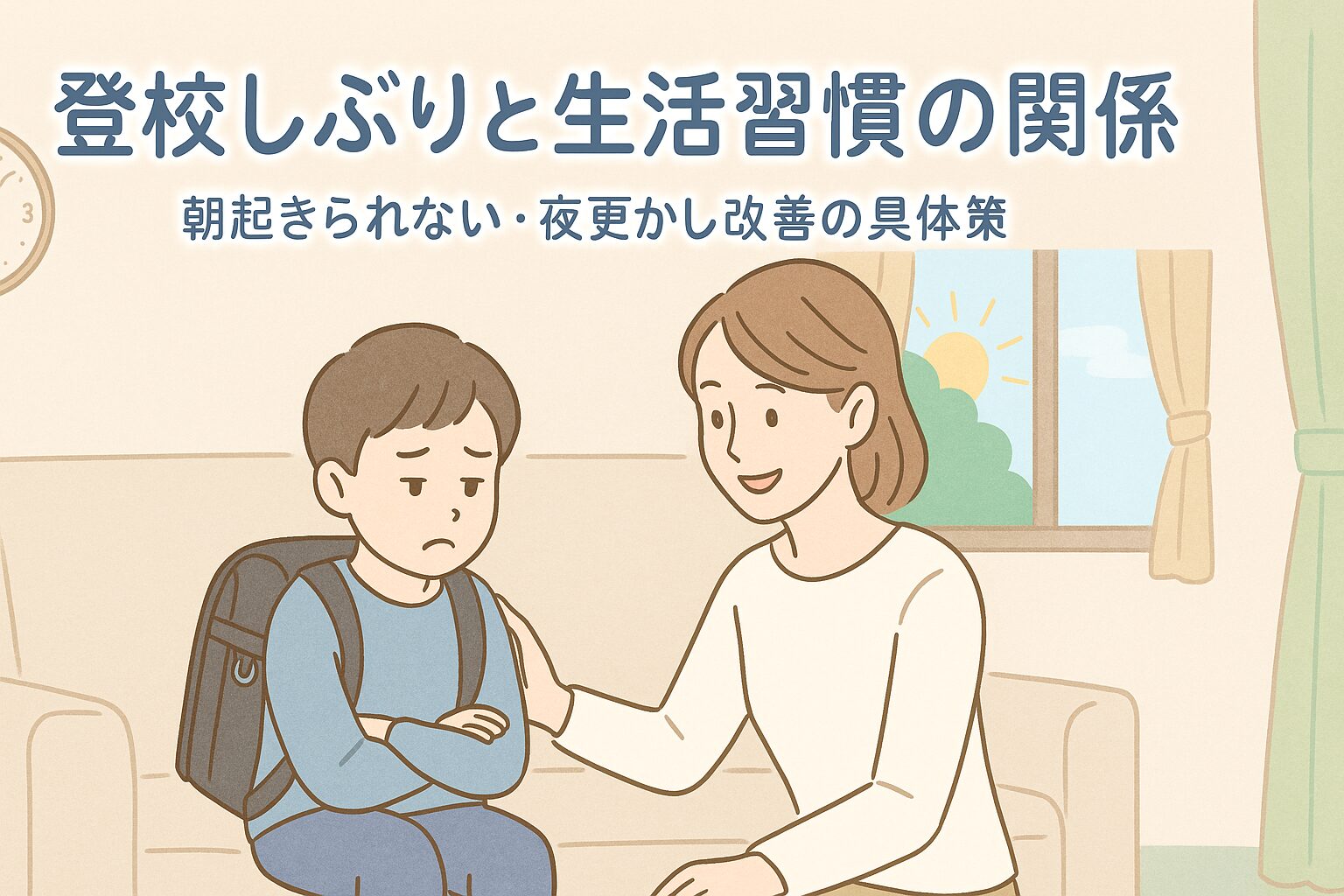 登校を渋る小学生に、母親がやさしく声をかける朝のイメージ。生活習慣改善をテーマにしたアイキャッチ。