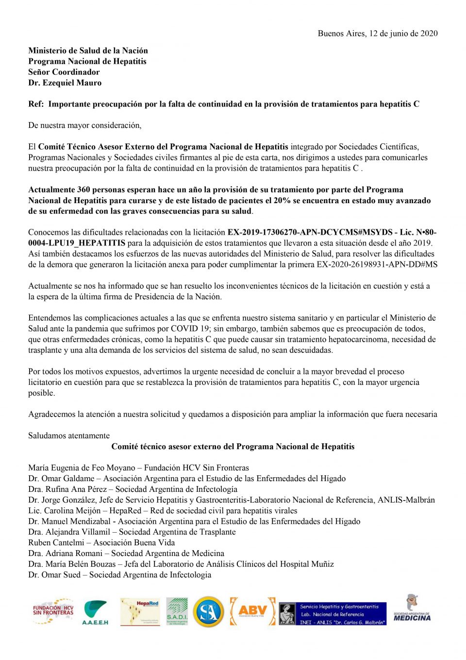 Hepatitis C- Carta al Programa argentino de Hepatitis. del Comité técnico asesor externo