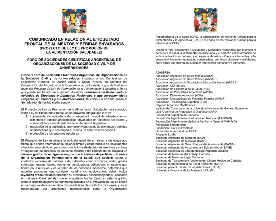 Comunicado del Foro argentino de Sociedades Científicas, Civiles y Universidades sobre etiquetado frontal