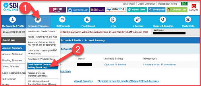 किसी भी बैंक खाते मे Without Beneficiary Add किये Money Transfer कैसे करे. 2 how to use sbi quick transfer service for fund transfering