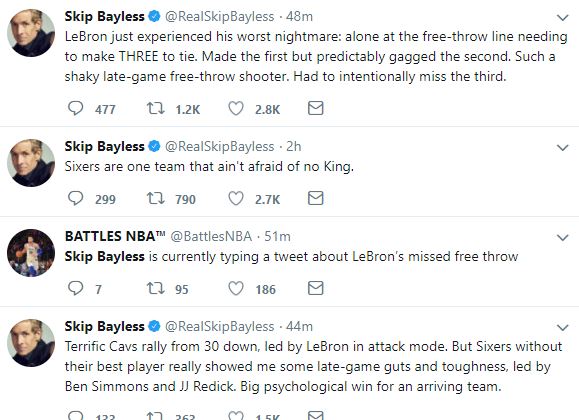 Skip Bayless Goes In On Lebron James In Twitter Tirade After Lebron Misses Free Throws That Give The Sixers The 76ers The Win Over The Cavs Undisputed