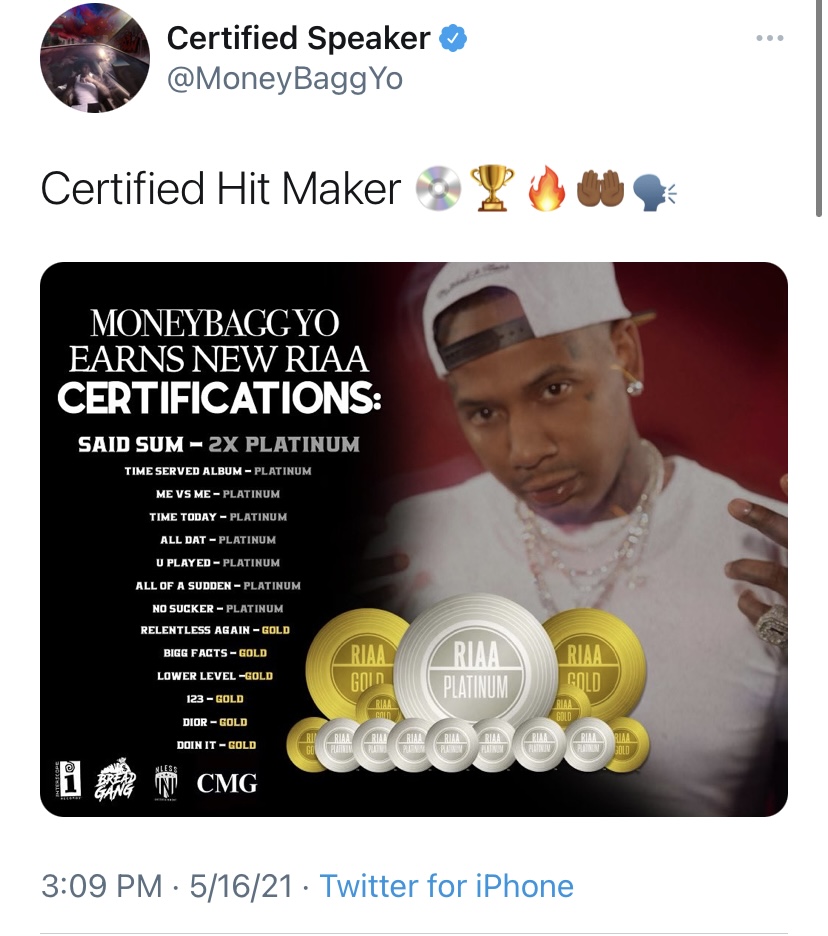 Moneybagg Yo Receives 14 New Riaa Certifications After A Gangsta S Pain Becomes Number One Album In Us Again