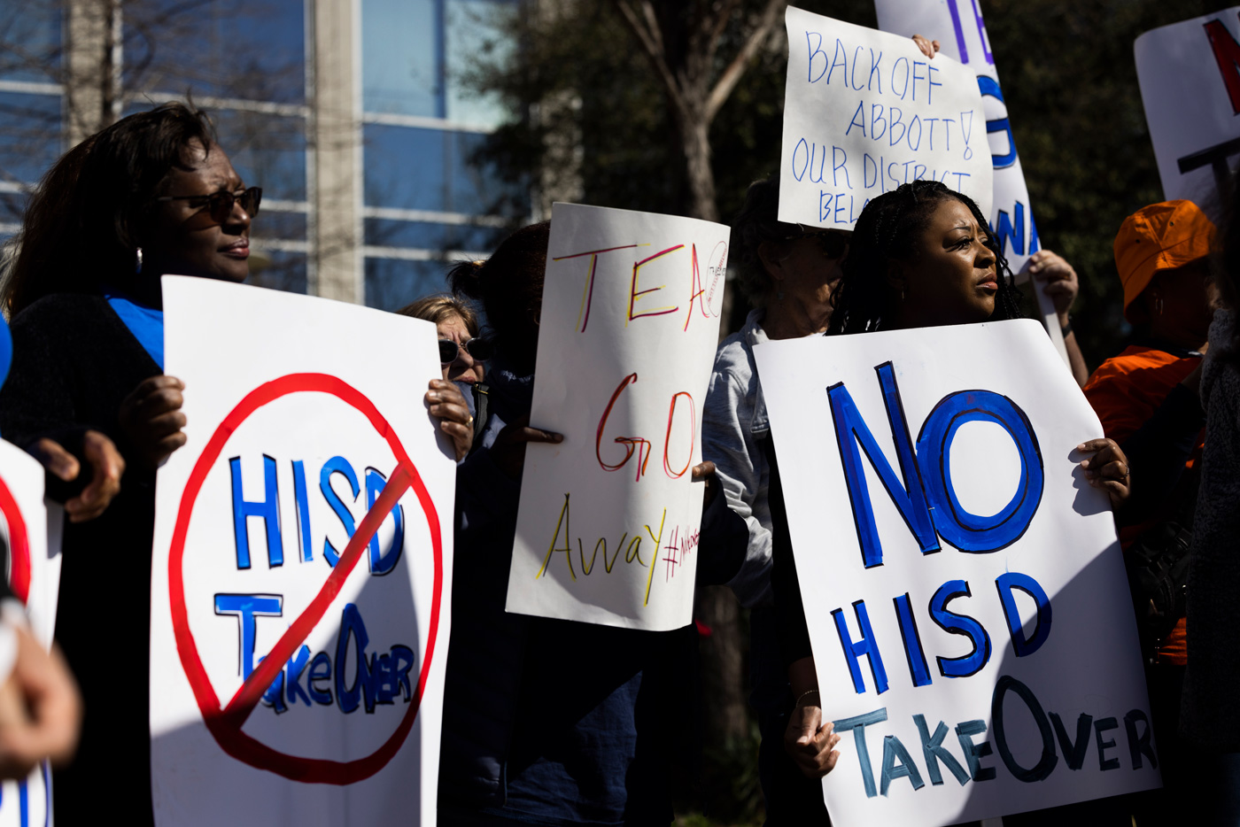 Protestors rallied at Houston ISD headquarters against the potential takeover of the district's school board.