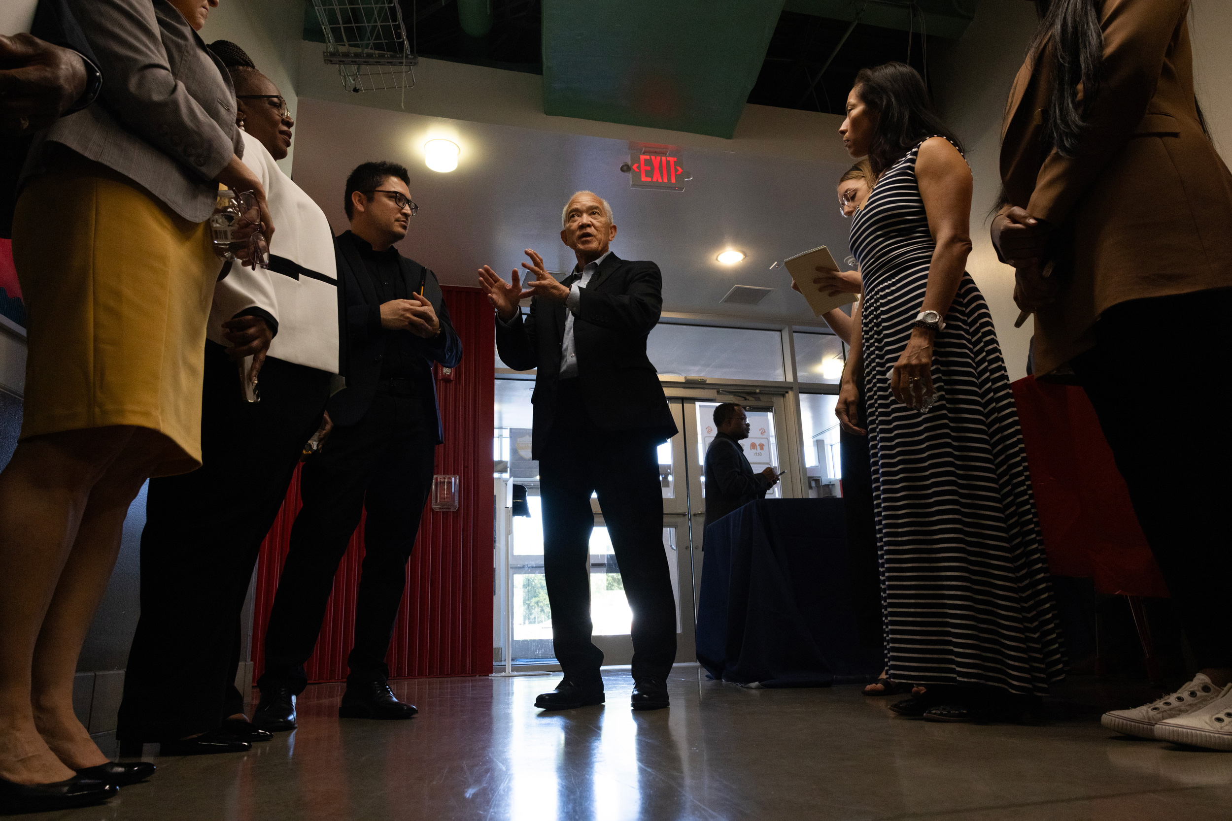 Superintendent Mike Miles gives his closing observations to staff at the end of an August tour of Sugar Grove Academy in Houston's Sharpstown neighborhood.